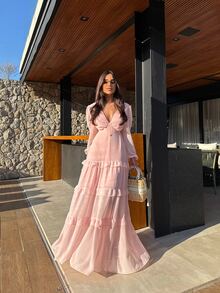 Long Chiffon Dress With Long Sleeves And Back Cutout - Wedding, Christmas, Bridesmaid, Party, Comfortable, Beach, Summer - New Year's Eve, Christmas, Layered - 淺粉色 - 查看 5
