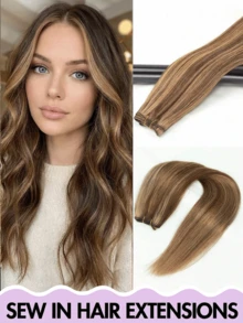 Extensiones de cabello cosidas, cabello humano recto Remy 100%, extensiones de cabello cosidas a mano de doble capa, cabello humano, disfraz de Halloween, esencial para vacaciones, regalo de novia para vacaciones, extensiones de cabello natural, adecuado para todo tipo de cabello, set de trama de cabello suave - Multicolor - Ver 14