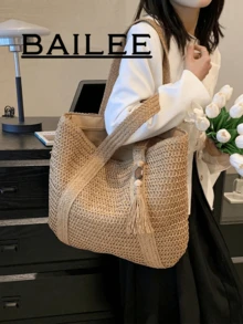 BAILEE A Stylish, Casual, Handcrafted, Solid-Colored Woven Tote Bag With Wooden Bead And Tassel Decorations, Perfect For Gifting. - Khaki - View 4