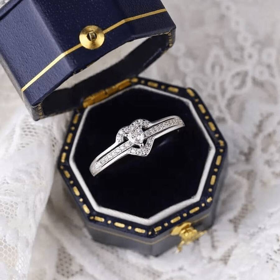 2Pcs Dazzling Women's Fashion Zirconia Heart Ring Set Wedding Band Engagement Party Birthday Anniversary Christmas Gifts For Women Girlfriend Fine Jewelry - 銀色 - 查看 1
