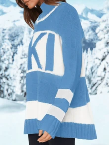 Women's 2024 Fall Winter Oversized Color Block Ski Sweaters: Cozy Crewneck Tops In S - 2XL - Blue - View 2
