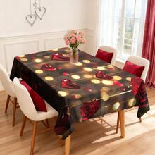 1/20 piezas Mantel de San Valentín con patrón de rosas rojas y corazones de tela de poliéster, decoración romántica para el Día de San Valentín, primavera, hogar, cocina, exterior, jardín, fiesta, restaurante, decoración del hogar