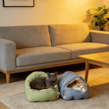 舒适冬季格子宠物洞穴床 - 可拆卸多功能保暖猫狗屋，蓝绿格子