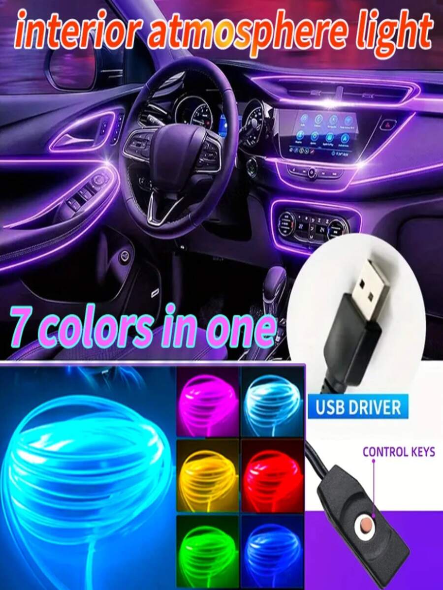 5M RGB Car Interior Ambient LED Light Strip Invisible USB Fiber Optic Atmosphere Lamp Support Door Decoration Lamp - 彩色 - 查看 1