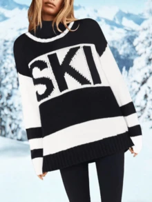 Women's 2024 Fall Winter Oversized Color Block Ski Sweaters: Cozy Crewneck Tops In S - 2XL - 黑色 - 查看 1