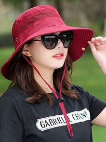 1pc Summer Sun Protection Bucket Hat With Wide Brim, Breathable Holes And Windproof Strap Casual - Burgundy - View 2
