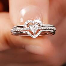 2Pcs Dazzling Women's Fashion Zirconia Heart Ring Set Wedding Band Engagement Party Birthday Anniversary Christmas Gifts For Women Girlfriend Fine Jewelry - 銀色 - 查看 10