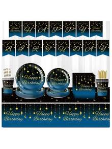 10件/10人份一次性餐具 - 星空月亮主题纸盘 + 生日快乐主题套装（纸盘+餐巾纸+纸杯），适用于派对、婚礼、订婚、生日、家庭野餐 - 彩色 - 查看 5