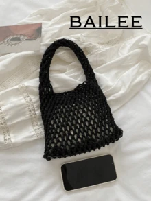 BAILEE 1 Set Bolso de malla de ganchillo de poliéster de unicolor, bolso de playa acolchado, liviano y portátil de gran capacidad, con estilo, adecuado para que las mujeres asistan a festivales/vacaciones/actividades al aire libre/viajes/senderismo/deportes, adecuado para verano, otoño e invierno, el imprescindible y llamativo bolso de playa para el otoño, el bolso de playa para mujer talla grande popular, artículos esenciales de playa, suministros de playa y necesidades de verano, el último bolso de vacaciones - Negro - Ver 3