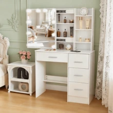 Vanity Table Set Dressing Makeup 10 LED Lighted Desk With Mirror And 4 Drawers - Perfect For Organizing Makeup, Skincare, Elegant Vanity|Decorative Vanity, Vanity Furniture, Compact For Small Space, Bedroom Decor Gift, Perfect Gift For Women Girls , Ideal Para Regalos De Navidad Y Halloween. - White - View 4