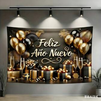 1 pieza Pancarta de Año Nuevo Español - Elegante negro y dorado, confeti colorido con diseño de champán Fondo de fiesta - Decoración para bodas, cumpleaños, aniversarios, Navidad, Nochevieja, sin electricidad necesaria, telón de fondo para fotos