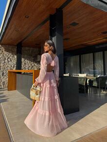 Long Chiffon Dress With Long Sleeves And Back Cutout - Wedding, Christmas, Bridesmaid, Party, Comfortable, Beach, Summer - New Year's Eve, Christmas, Layered - 淺粉色 - 查看 2