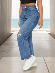 Jeans casuales de mujer de pierna recta, sueltos, desgastados y con bolsillos, Pantalones vaqueros diarios simples unicolor para mujer, estilo urbano, lavables a máquina, longitud larga, para usar en las cuatro estaciones. - Azul - Ver 2