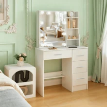 Vanity Table Set Dressing Makeup 10 LED Lighted Desk With Mirror And 4 Drawers - Perfect For Organizing Makeup, Skincare, Elegant Vanity|Decorative Vanity, Vanity Furniture, Compact For Small Space, Bedroom Decor Gift, Perfect Gift For Women Girls , Ideal Para Regalos De Navidad Y Halloween. - White - View 5