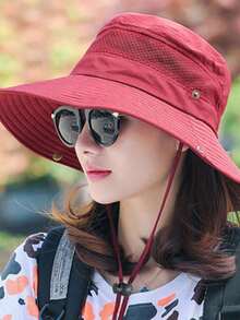 1pc Summer Sun Protection Bucket Hat With Wide Brim, Breathable Holes And Windproof Strap Casual - Burgundy - View 3
