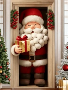 1pc Christmas Door Banner, Santa Claus Holding Gift Design, 35.4inX70.8in, Durable Polyester Material, Christmas Decoration, Christmas Theme Party Decor, Outdoor & Indoor, Ideal For Porch, Yard, Garage And Home, No Door Frame, No Elastic Band, Needs Fixation - Multicolor - View 6