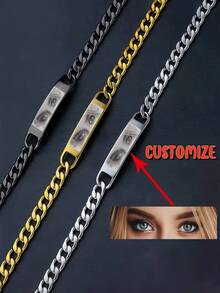 Pulsera personalizada con foto para niño, cadena cubana de acero inoxidable, longitud ajustable, diseño de ojo personalizable, regalo perfecto para novio, esposo o aniversario - Multicolor - Ver 2