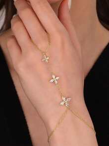 1pc Elegant Women's Bling Flower Bracelet, Bridal Wedding Crystal Jewelry Fashion Hand Accessory - Gold - View 1