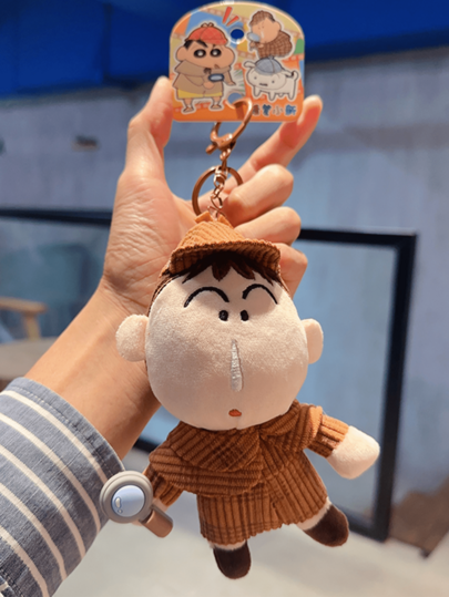 Crayon Shinchan Cloth Doll Buckle Detective Bo-Chan Style, Accented With Detective Hat, Brown Metal Key Ring, Crafted For Comfortable Touch, Vivid And Cute Patterns, Perfect For Keys, Bags, Desk Decor To Accessorize Your Items With Fun, Ideal For Crayon Shinchan Fans, Collectors, Students, Teens, Lovely Gift For Friends/Lover