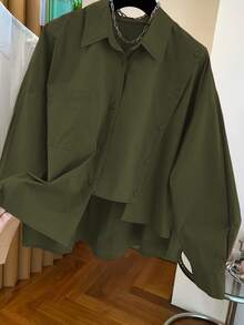 Camisa asimétrica única para mujer en múltiples colores, incluyendo rosa, adecuada para primavera, verano, otoño e invierno, diseño de bolsillo con botones frontales de unicolor, elegante y - Verde militar - Ver 4