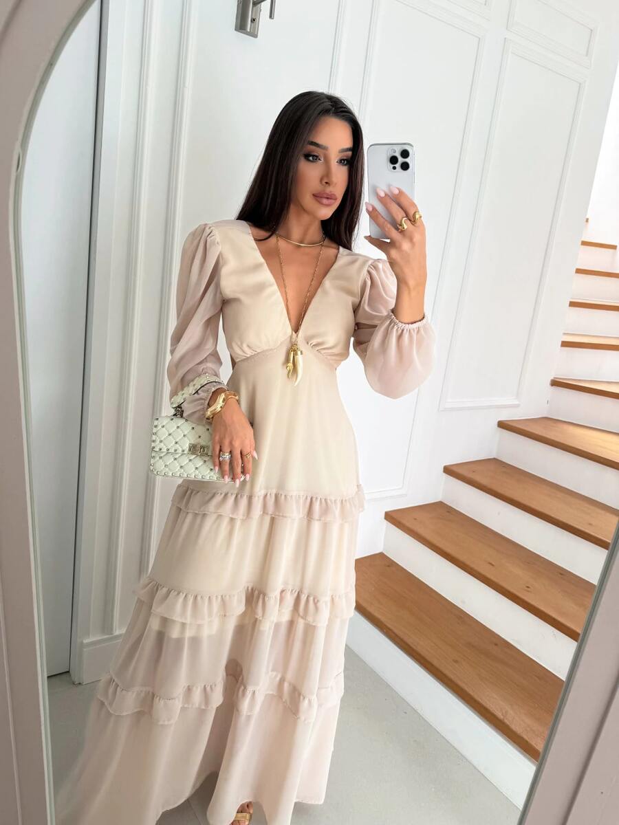Long Chiffon Dress With Long Sleeves And Back Cutout - Wedding, Christmas, Bridesmaid, Party, Comfortable, Beach, Summer - New Year's Eve, Christmas, Layered - 米色 - 查看 1
