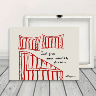 1pc Minimalist Modern Stay In Bed Horizontal Poster, Hand-Drawn Sketch, Red And White Neutral Bedroom Art, Funny "Just Five More Minutes Please..." Canvas Wall Decor, No Frame, Perfect For Bedroom, Living Room, Or Office, Bedroom Wall Art | Playful Wall Decor | Textured Artwork, Bedroom Decor Vintage Frameless Wall Arts Posters