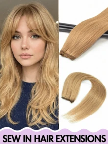 Extensiones de cabello cosidas, cabello humano recto Remy 100%, extensiones de cabello cosidas a mano de doble capa, cabello humano, disfraz de Halloween, esencial para vacaciones, regalo de novia para vacaciones, extensiones de cabello natural, adecuado para todo tipo de cabello, set de trama de cabello suave - Multicolor - Ver 34