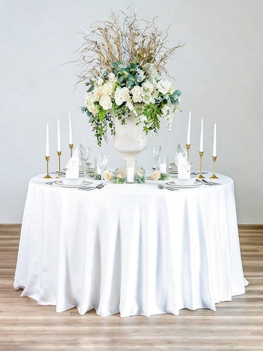 Toalha de mesa redonda de cetim branco, toalha de mesa de tecido liso de cor sólida, adequada para casamentos, festas de aniversário, banquetes, festas de Ano Novo, decoração de casa, decoração de quarto, decoração de mesa de jantar, decoração de restaurante, macia como seda, lavável, ideal para celebrações de fim de ano. - Branco - Ver 1