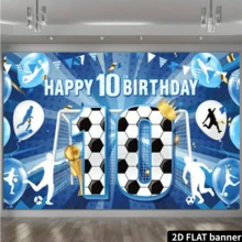 2D平面足球主题10岁生日派对背景布，涤纶材质，印有生动的运动图案、气球和奖杯设计，适合室内庆祝活动和足球主题生日派对。 - 藍色 - 查看 4