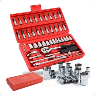 Kit De Ferramentas 46 Peças Jogo De Soquete Aço Crv 1/4 Catraca Chave Allen C/ Maleta - Maleta Jogo Conjunto Chave catraca 46 peças 1/4'' com soquete reversível resistente aço inox