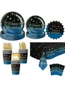 10件/10人份一次性餐具 - 星空月亮主题纸盘 + 生日快乐主题套装（纸盘+餐巾纸+纸杯），适用于派对、婚礼、订婚、生日、家庭野餐 - 彩色 - 查看 6