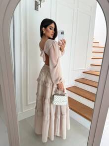 Long Chiffon Dress With Long Sleeves And Back Cutout - Wedding, Christmas, Bridesmaid, Party, Comfortable, Beach, Summer - New Year's Eve, Christmas, Layered - 米色 - 查看 4