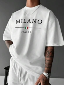 Men's Streetwear T-Shirt, Graphic Minimalist, Milano Italia, Plus Size, City Style, 100% Cotton - 白色 - 查看 1