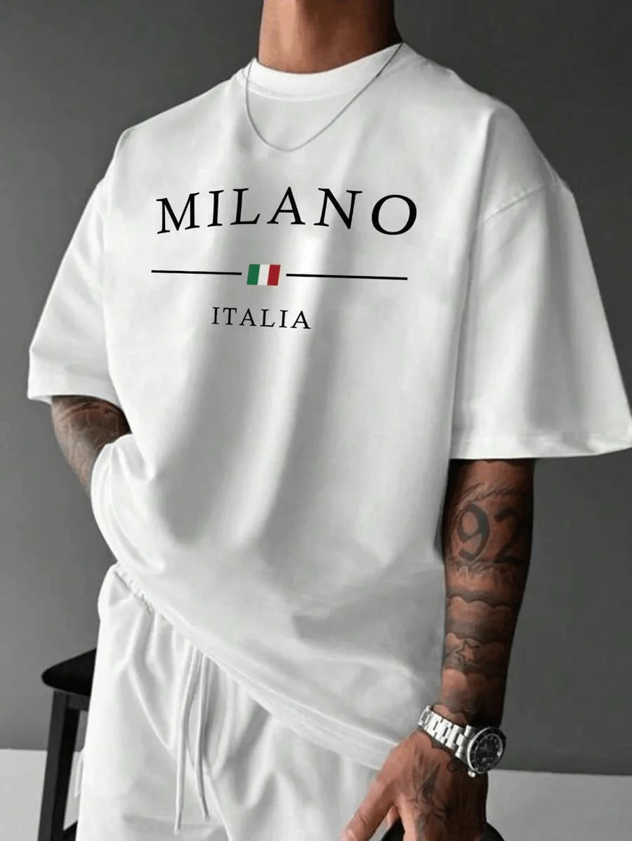 Men's Streetwear T-Shirt, Graphic Minimalist, Milano Italia, Plus Size, City Style, 100% Cotton - 白色 - 查看 1