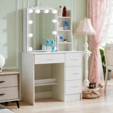 Vanity Table Set Dressing Makeup 10 LED Lighted Desk With Mirror And 4 Drawers - Perfect For Organizing Makeup, Skincare, Elegant Vanity|Decorative Vanity, Vanity Furniture, Compact For Small Space, Bedroom Decor Gift, Perfect Gift For Women Girls , Ideal Para Regalos De Navidad Y Halloween. - White - View 1