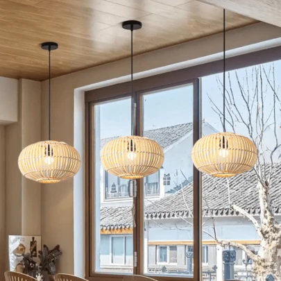 Vintage Handmade Rattan Pendant Light - Bohemian Style Adjustable Rattan Lamp, Ideal For Farmhouse Decor, Suitable For Kitchen Island, Hallway, Bedroom, Dining Table, Living Room - E26 Socket (Bulb Not Included)