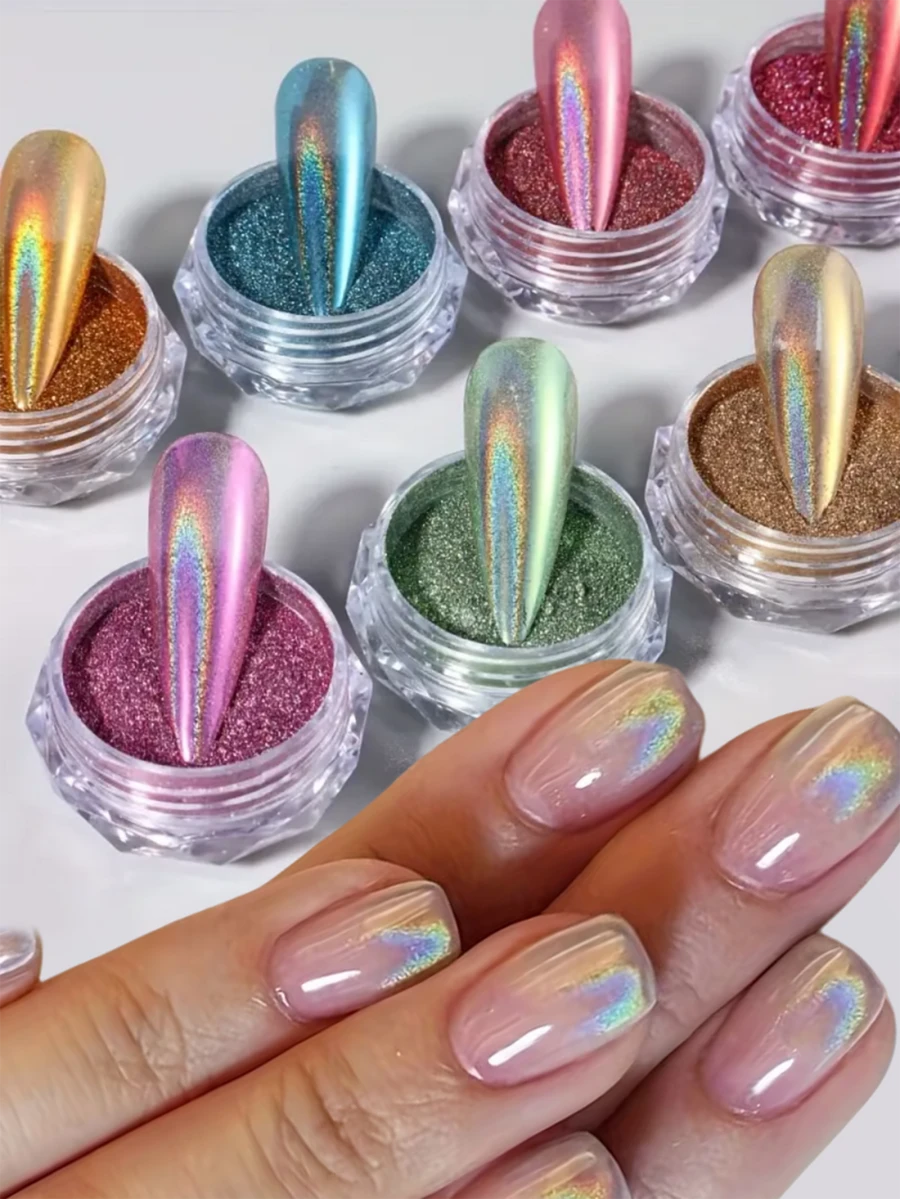 10pcs/Set Christmas Holographic Nail Powder, Rainbow Laser Powder, Rainbow Metallic Mirror Effect Nail Glitter, Create Stunning Nail Art Decor - Multicolor - View 1
