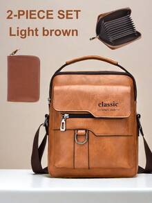 WEIXIER 2pcs/Set Retro Messenger Bag, PU Leather Shoulder Bag With Wallet, Large Capacity, Headphone Hole, Casual Minimalist Style For Commuting, Business, Travel, Gifts For Friends & Family Summer Summer Bag Spring Break Valentines Vacation Men Bags Gift Bag Pack Cross Body Bag Vintage Bags School Supplies Sling Bag Pouch Valentine'S Day