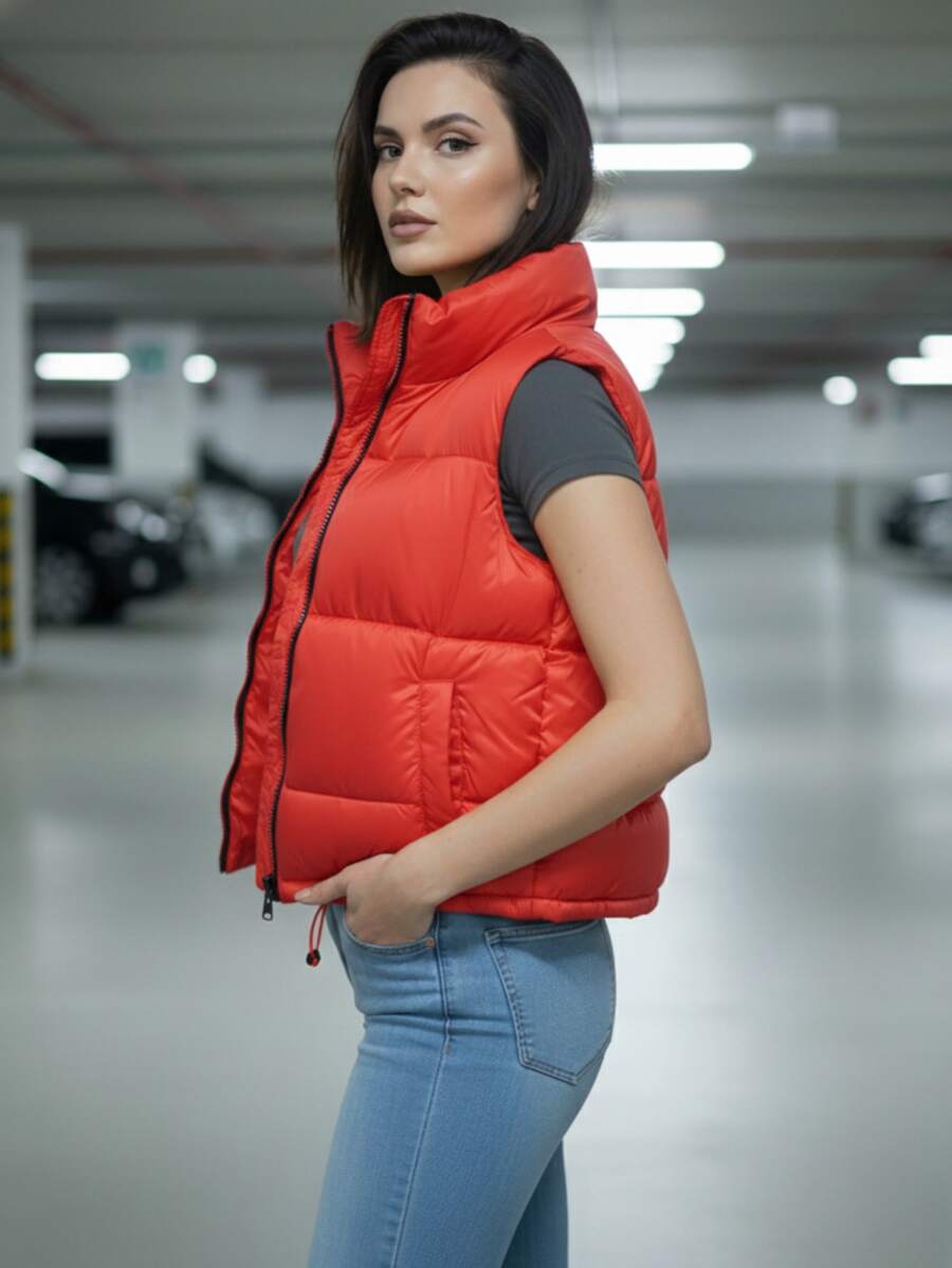 Chaleco corto tipo puffer sin mangas para mujer, con cuello alto y acabado satinado en colores solidos, estilo urbano casual - Rojo - Ver 1