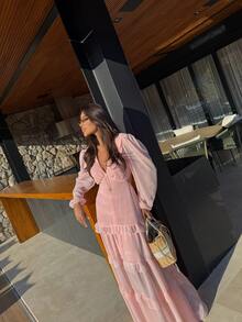 Long Chiffon Dress With Long Sleeves And Back Cutout - Wedding, Christmas, Bridesmaid, Party, Comfortable, Beach, Summer - New Year's Eve, Christmas, Layered - 淺粉色 - 查看 4