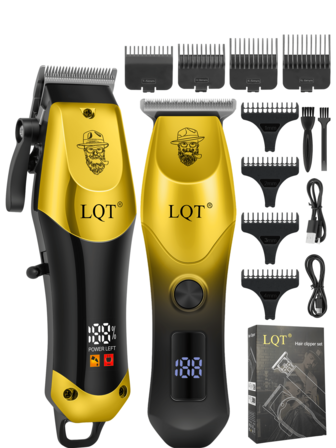 LQT 1/2 piezas Conjunto de cortapelos y tijeras de esculpir profesionales, Recortadora de cabello eléctrica inalámbrica para hombres, Carga USB y pantalla digital, Herramientas para el cabello para hombres, Tijeras eléctricas portátiles de esculpir, Suministros de barbería dorados para el hogar, Regalos de Navidad para papá, Regalos para hombres