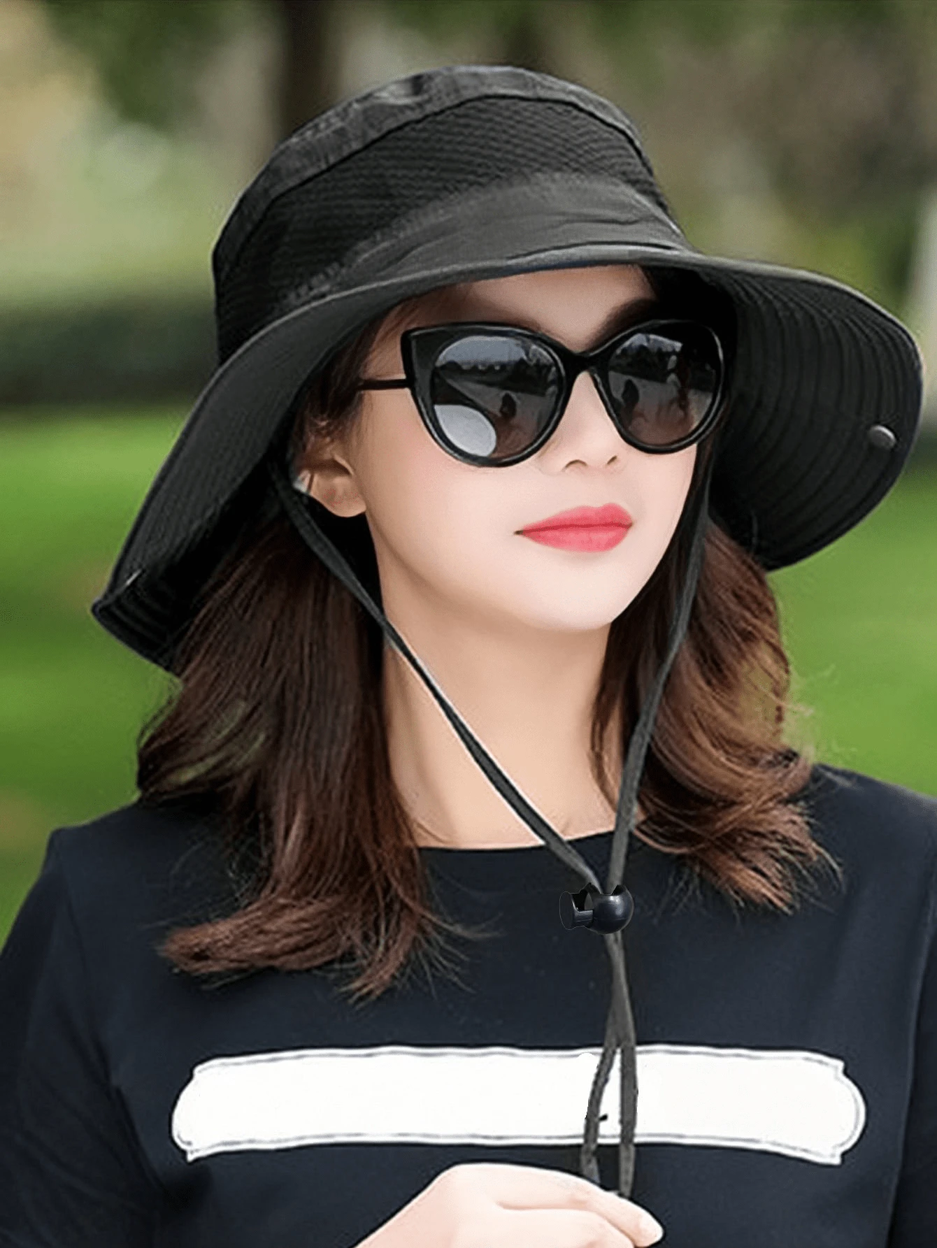 1入組春夏通用寬邊漁夫帽，帶透氣孔和防風繩 - 黑色 - 查看 1