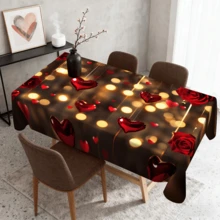 1/20 piezas Mantel de San Valentín con patrón de rosas rojas y corazones de tela de poliéster, decoración romántica para el Día de San Valentín, primavera, hogar, cocina, exterior, jardín, fiesta, restaurante, decoración del hogar