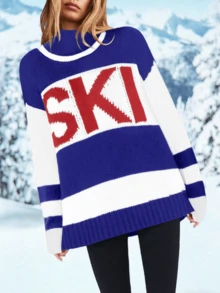 Women's 2024 Fall Winter Oversized Color Block Ski Sweaters: Cozy Crewneck Tops In S - 2XL - 藏蓝色 - 查看 1