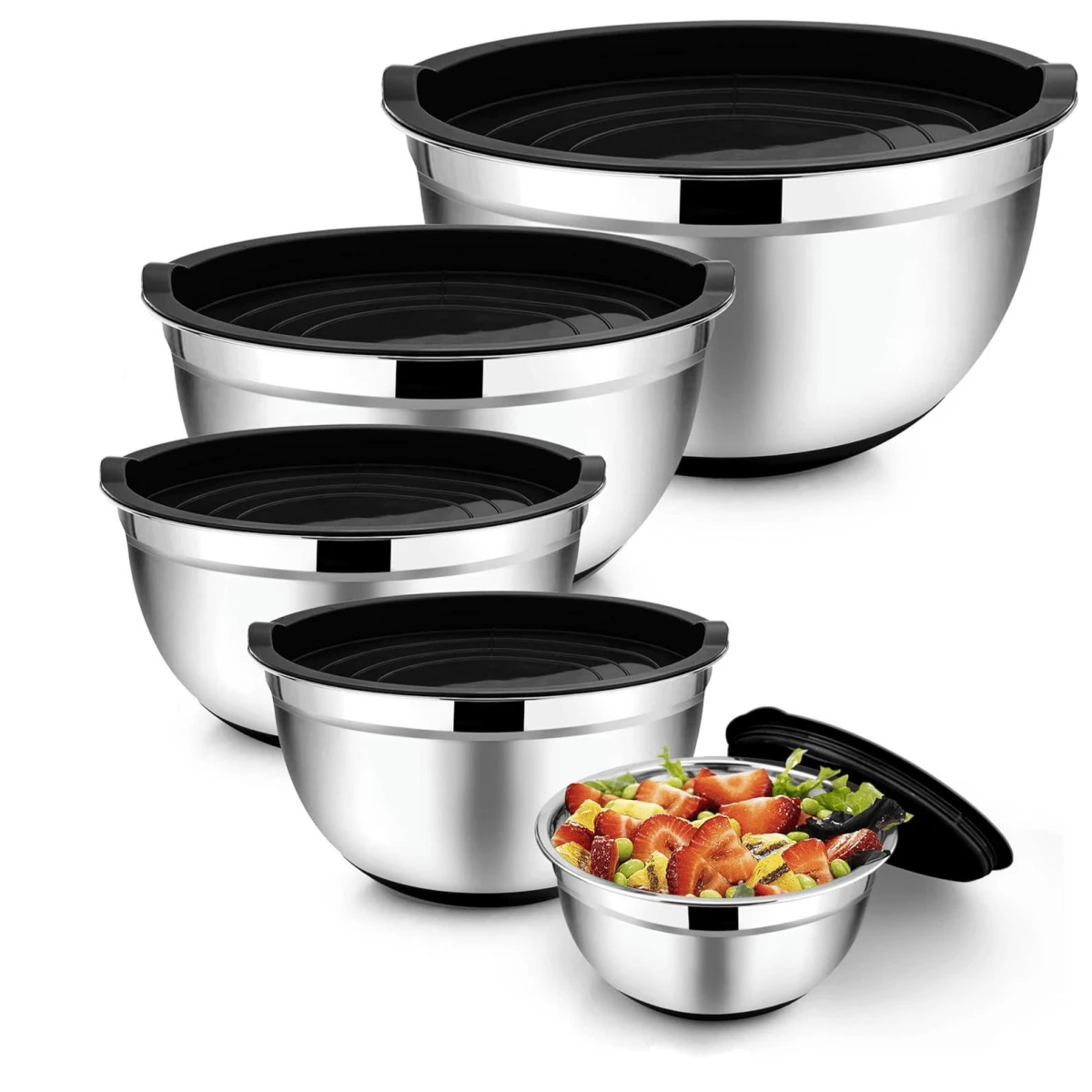 5pcs Stainless Steel Mixing Bowls Set With Lids - For Baking, Mixing And Food Storage, Nesting Bowls, Salad Bowls, Whisks, Suitable For Baking, Cooking And Serving - Sizes 0.7QT/1QT/1.5QT/3QT/4.5QT - Multicolor - View 1