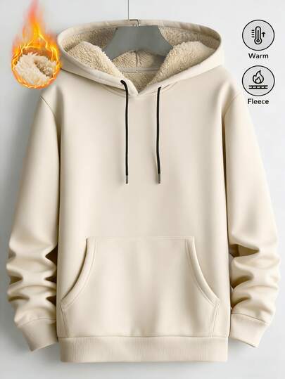 (Size Up Recommended)Men's Solid Color Pullover With Autumn And Winter Plush Warm Hoodie, Thermal Long Sleeve, Thermal Men, Winter Clothes, Apricot Hoodie, Suitable For Autumn And Winter Outings And Sports, For Friends, Husband, Boyfriend Gifts, Unisex Hoodie