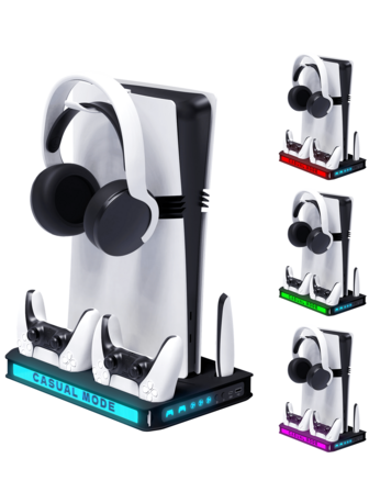 适用于 P5 / P5 Digital / P5 Pro / Slim 的散热底座 | 双手柄快充底座，配备 3 速涡轮风扇、9 种模式 RGB 灯效、游戏光盘收纳、耳机支架和安全垂直支架 – DIY 可定制游戏装备配件，理想的男士礼物和游戏玩家圣诞礼物