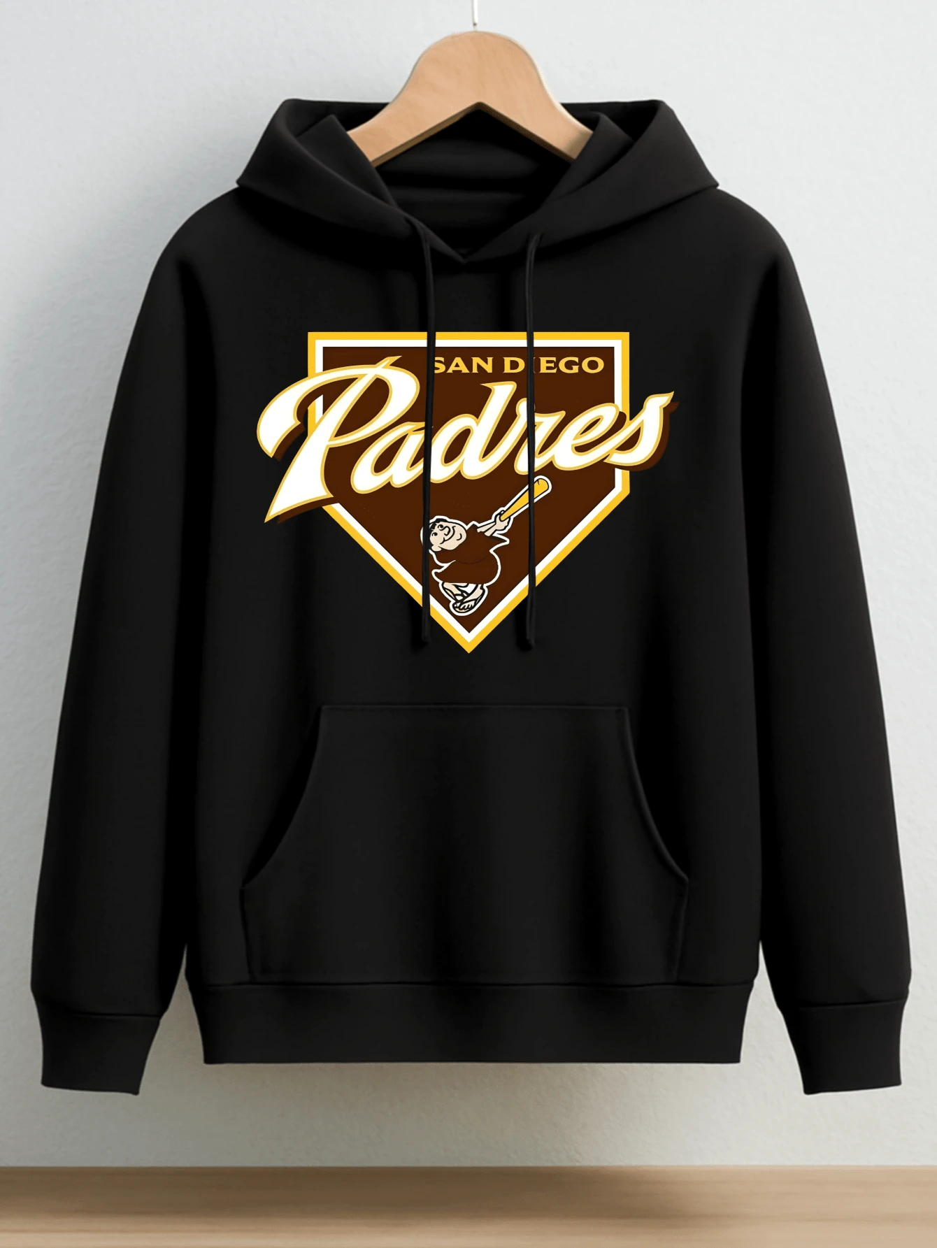 Men Sport Hoodie Sweatshirt Casual Wear For Fall Winter Season   San Diego Padres Logo Print Baseball Team Design With Classic Brown And Gold Color Scheme   Unisex Comfortable Loose Fit Pullover Hoodie Ideal For Daily Wear Workout Outdoor Activities And Sports Events Perfect For Autumn And Winter Seasons - 黑色 - 查看 1
