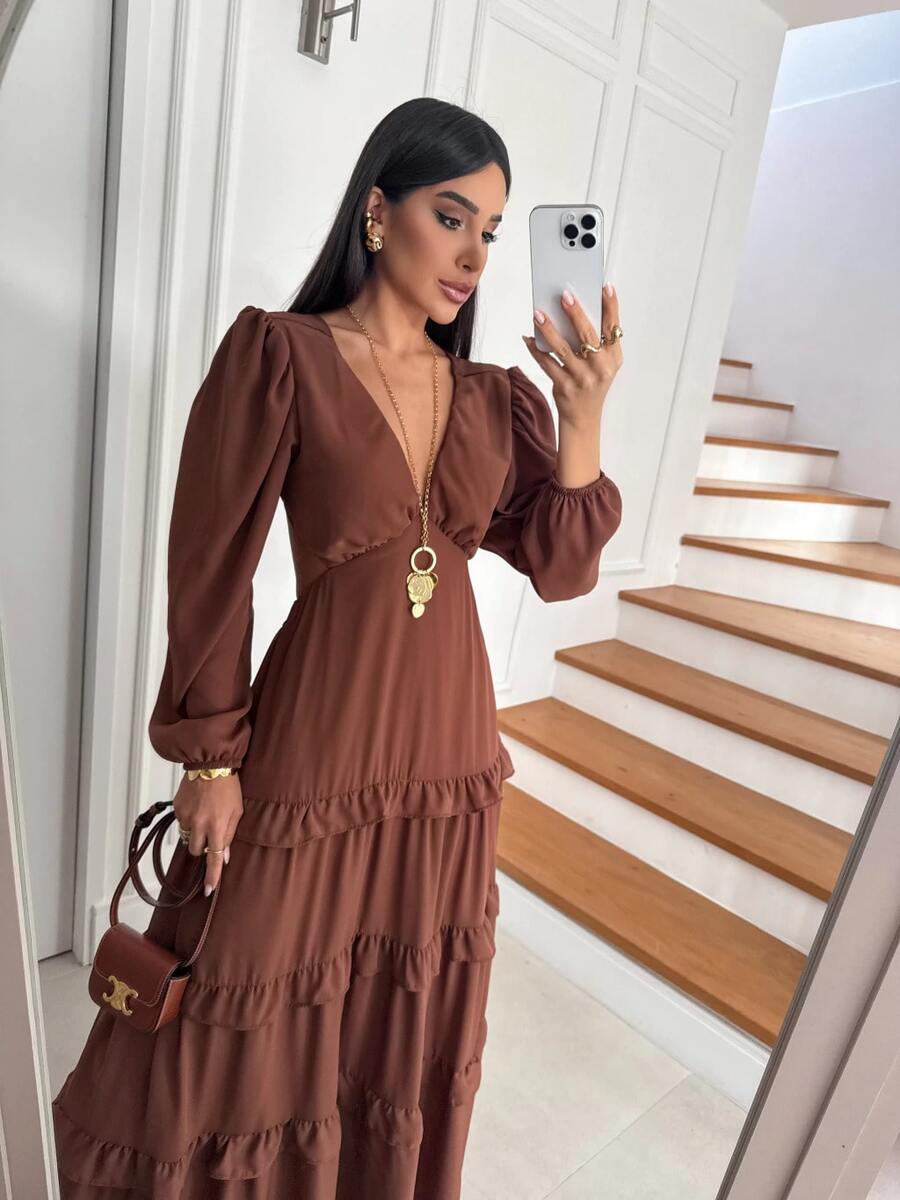 Long Chiffon Dress With Long Sleeves And Back Cutout - Wedding, Christmas, Bridesmaid, Party, Comfortable, Beach, Summer - New Year's Eve, Christmas, Layered - 鏽棕色 - 查看 1