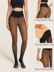 200g New Women's High-Waisted Wool-Lined Shaping Tights With Elastic Waistband, Single Seam, Winter Warmth, Semi-Transparent Compression Leggings, Fleece Lined For Extra Warmth - 黑透蜂蜜 - 查看 5